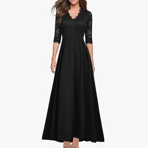Women's V Neck Lace Vintage Formal Bridesmaid Wedding Long Dress (Black, XXL)